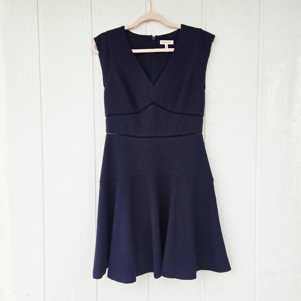 Rebecca Taylor Navy Taylor Dress V Neck Pointelle Sleeveless Fit & Flare